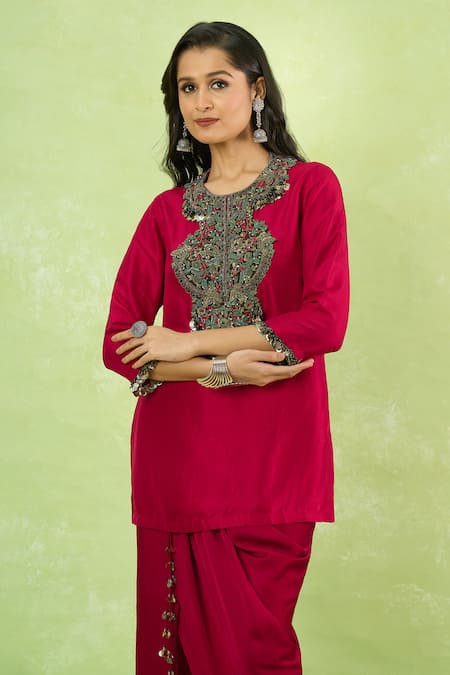 Buy_Prisho_Red Sequins, Stones Round Neck Embroidered Kurta With Draped Skirt _Online_at_Aza_Fashions