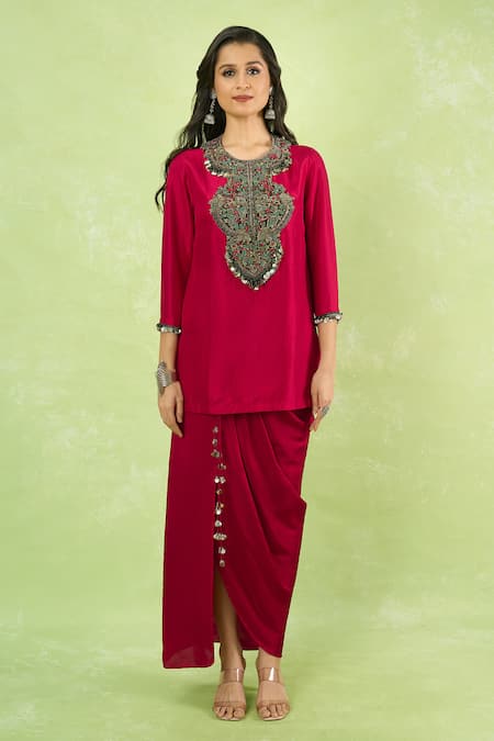 Shop_Prisho_Red Sequins, Stones Round Neck Embroidered Kurta With Draped Skirt _Online_at_Aza_Fashions