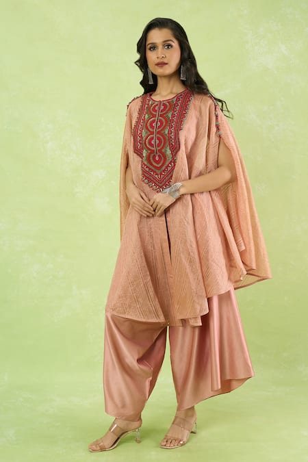Prisho Pink Embroidery Round Neck Kaftan Pant Set at Aza Fashions Prisho_Pink Embroidery Round Neck Kaftan Pant Set _at_Aza_Fashions