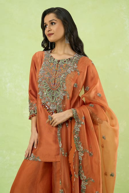 Prisho_Orange Embroidery Round Neck Kurta Sharara Set _Online_at_Aza_Fashions