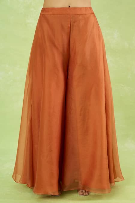 Buy_Prisho_Orange Embroidery Round Neck Kurta Sharara Set _Online_at_Aza_Fashions