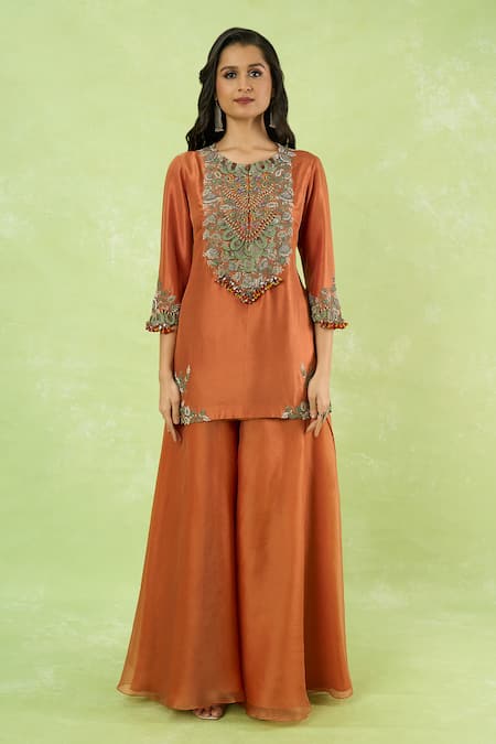 Shop_Prisho_Orange Embroidery Round Neck Kurta Sharara Set _Online_at_Aza_Fashions