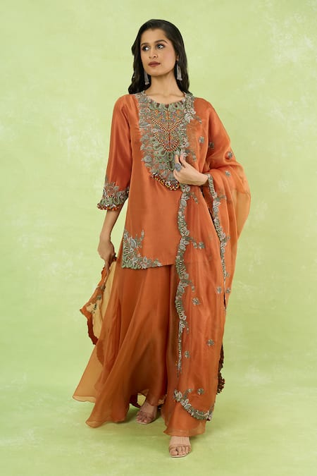 Prisho_Orange Embroidery Round Neck Kurta Sharara Set _at_Aza_Fashions