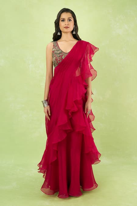 Prisho_Red Organza Ruffles, Embroidery, Zari, Beads, Pre-draped Saree With Blouse _Online_at_Aza_Fashions