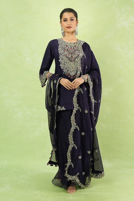Buy_Prisho_Blue Organza Embroidery, Beads, Metallic Thread, Zari, Kurta Sharara Set _Online_at_Aza_Fashions