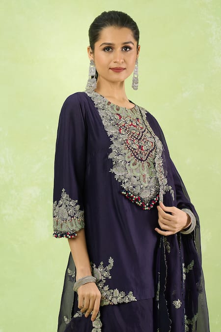 Prisho_Blue Organza Embroidery, Beads, Metallic Thread, Zari, Kurta Sharara Set _at_Aza_Fashions