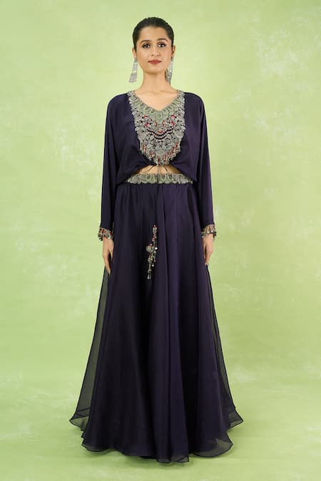 Prisho_Purple Beads, Embroidery, Tassels V-neck Blouse And Lehenga Set _Online_at_Aza_Fashions