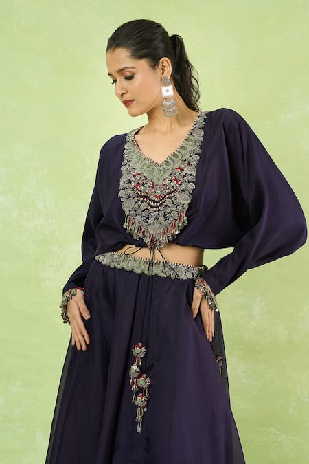 Buy_Prisho_Purple Beads, Embroidery, Tassels V-neck Blouse And Lehenga Set _Online_at_Aza_Fashions