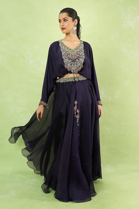 Shop_Prisho_Purple Beads, Embroidery, Tassels V-neck Blouse And Lehenga Set _Online_at_Aza_Fashions