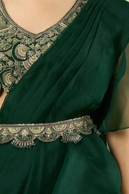 Prisho_Green Embroidery, Zari, Metallic Thread, Ruffle Pre-draped Saree With Blouse _Online_at_Aza_Fashions
