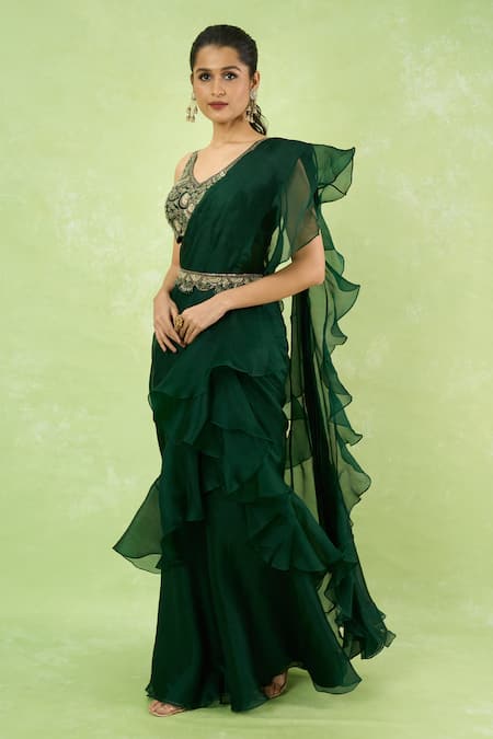 Buy_Prisho_Green Embroidery, Zari, Metallic Thread, Ruffle Pre-draped Saree With Blouse _Online_at_Aza_Fashions