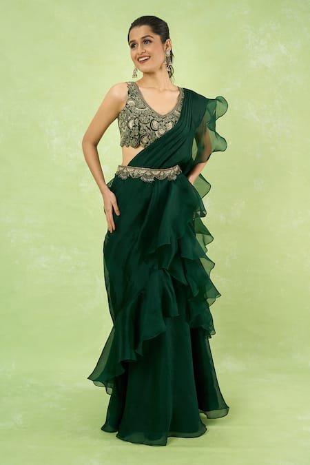 Shop_Prisho_Green Embroidery, Zari, Metallic Thread, Ruffle Pre-draped Saree With Blouse _Online_at_Aza_Fashions