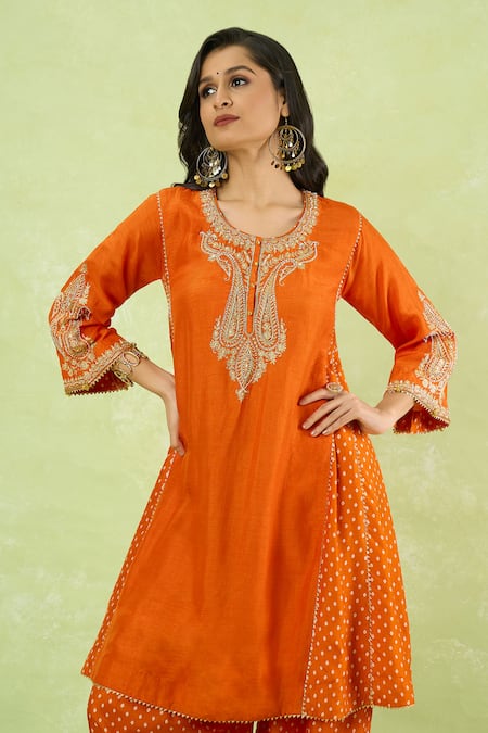 Sheetal Batra Orange Embroidery, Gota Patti Round Neck, Split Kurta With Salwar Online at Aza Fashions Sheetal Batra_Orange Embroidery, Gota Patti Round Neck, Split Kurta With Salwar _Online_at_Aza_Fashions