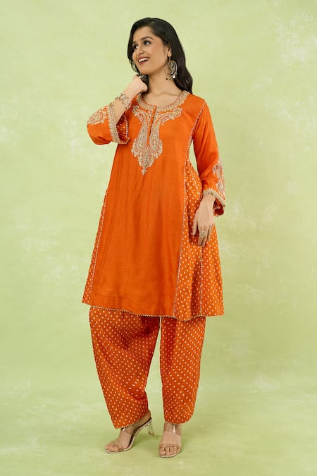 Buy Sheetal Batra Orange Embroidery, Gota Patti Round Neck, Split Kurta With Salwar Online at Aza Fashions Buy_Sheetal Batra_Orange Embroidery, Gota Patti Round Neck, Split Kurta With Salwar _Online_at_Aza_Fashions