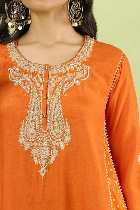 Shop Sheetal Batra Orange Embroidery, Gota Patti Round Neck, Split Kurta With Salwar Online at Aza Fashions Shop_Sheetal Batra_Orange Embroidery, Gota Patti Round Neck, Split Kurta With Salwar _Online_at_Aza_Fashions