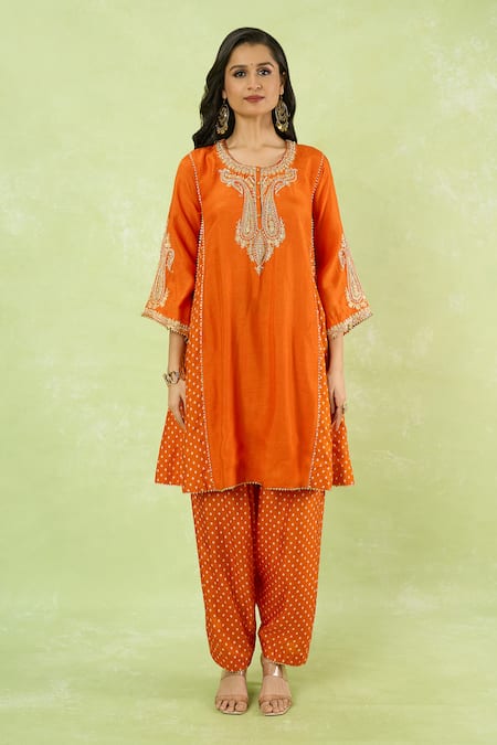 Buy Sheetal Batra Orange Embroidery, Gota Patti Round Neck, Split Kurta With Salwar Buy_Sheetal Batra_Orange Embroidery, Gota Patti Round Neck, Split Kurta With Salwar