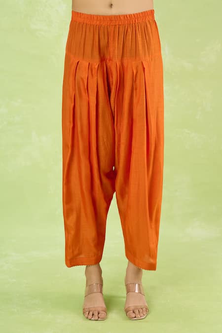 Buy_Sheetal Batra_Orange Embroidery, Zari Split V-neck Gathered Kurta With Salwar _Online_at_Aza_Fashions