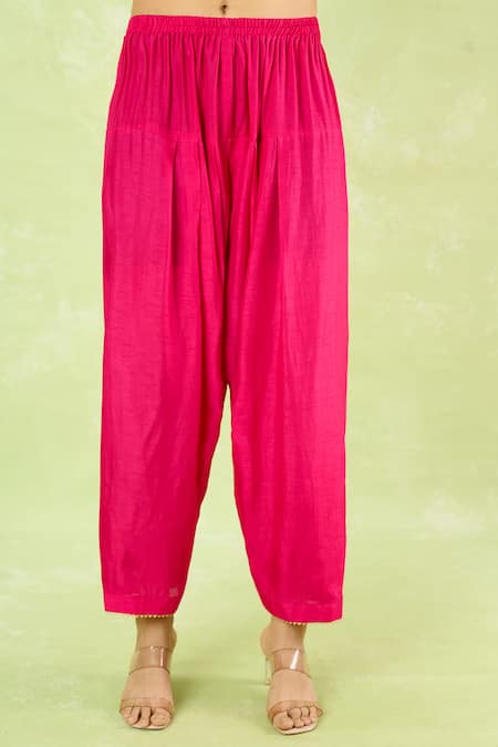 Shop Sheetal Batra Pink Embroidery Split V-neck Gathered Kurta With Salwar Online at Aza Fashions Shop_Sheetal Batra_Pink Embroidery Split V-neck Gathered Kurta With Salwar _Online_at_Aza_Fashions