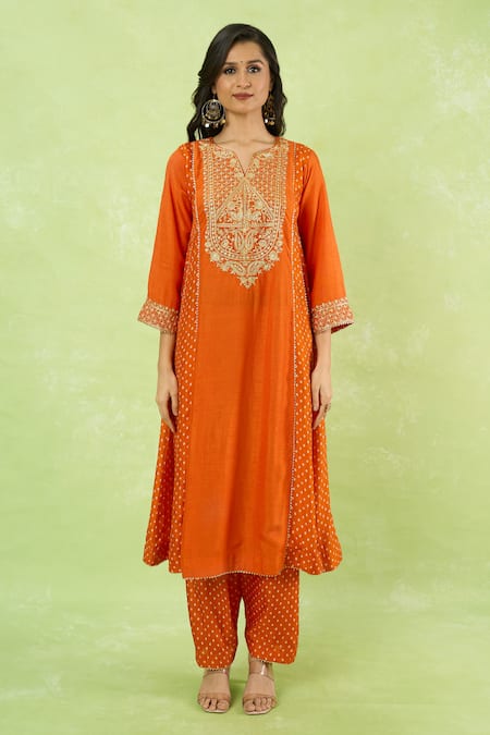 Buy_Sheetal Batra_Orange Embroidery V-neck Long Kurta With Salwar _Online_at_Aza_Fashions