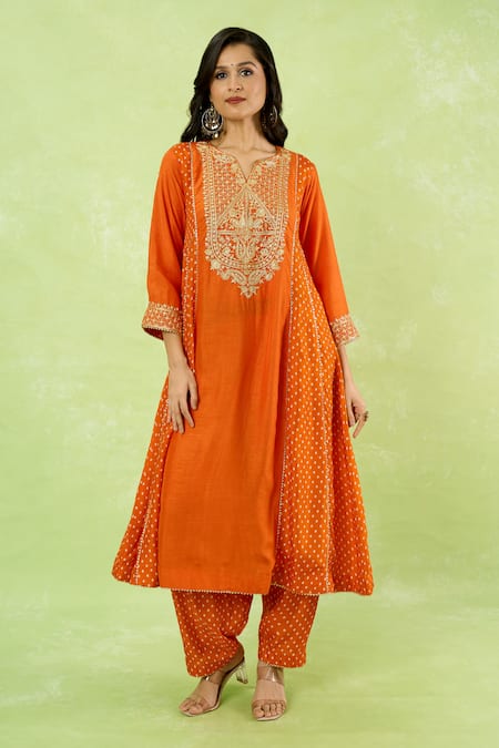 Shop_Sheetal Batra_Orange Embroidery V-neck Long Kurta With Salwar _Online_at_Aza_Fashions