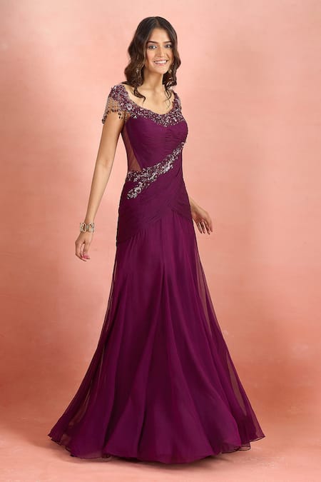 Tarun Tahiliani_Purple Sequins, Beads Boat Neck Embroidered Draped Gown _Online_at_Aza_Fashions