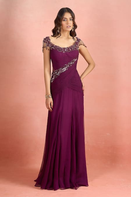 Shop_Tarun Tahiliani_Purple Sequins, Beads Boat Neck Embroidered Draped Gown _Online_at_Aza_Fashions