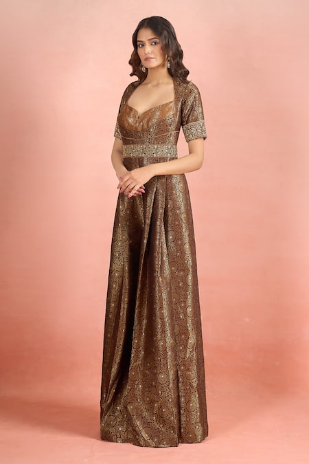 Tarun Tahiliani_Rust Sweetheart Neck Floral Pattern Woven Jumpsuit _Online_at_Aza_Fashions