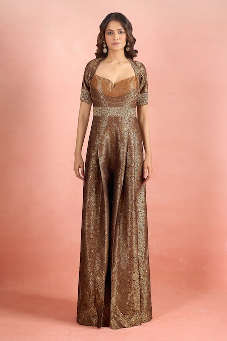 Buy_Tarun Tahiliani_Rust Sweetheart Neck Floral Pattern Woven Jumpsuit _Online_at_Aza_Fashions