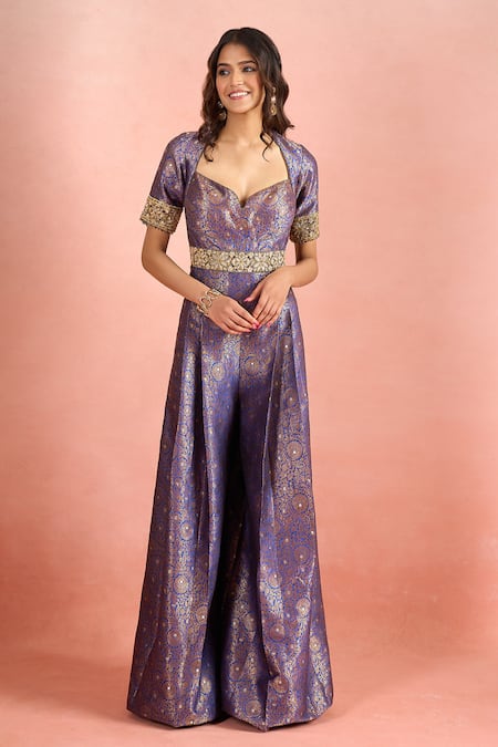 Buy_Tarun Tahiliani_Blue Metallic Thread, Embroidery Sweetheart Neck, Floral Woven Pattern Jumpsuit _Online_at_Aza_Fashions