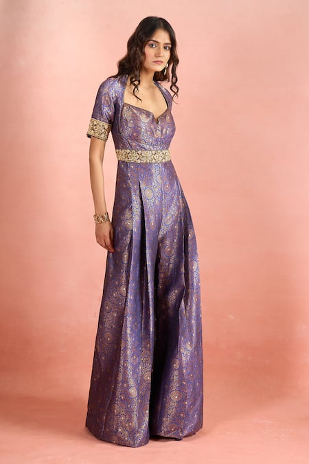 Shop_Tarun Tahiliani_Blue Metallic Thread, Embroidery Sweetheart Neck, Floral Woven Pattern Jumpsuit _Online_at_Aza_Fashions