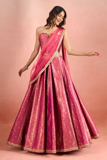 Tarun Tahiliani_Pink Net Zari, Sequins, Metallic Thread, Floral Woven Pattern Lehenga Corset Set _Online_at_Aza_Fashions