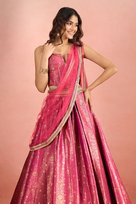 Buy_Tarun Tahiliani_Pink Net Zari, Sequins, Metallic Thread, Floral Woven Pattern Lehenga Corset Set _Online_at_Aza_Fashions
