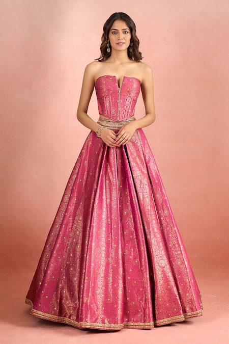 Shop_Tarun Tahiliani_Pink Net Zari, Sequins, Metallic Thread, Floral Woven Pattern Lehenga Corset Set _Online_at_Aza_Fashions