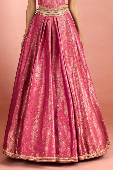 Buy_Tarun Tahiliani_Pink Net Zari, Sequins, Metallic Thread, Floral Woven Pattern Lehenga Corset Set 
