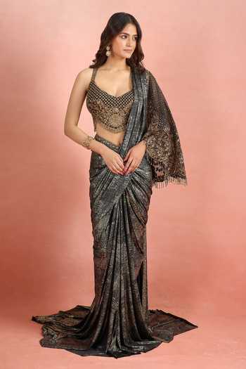 Buy Tarun Tahiliani Black Embroidery, Sequins, Beads, Tassels, Pre-draped Concept Saree With Blouse at Aza Fashions Buy_Tarun Tahiliani_Black Embroidery, Sequins, Beads, Tassels, Pre-draped Concept Saree With Blouse_at_Aza_Fashions