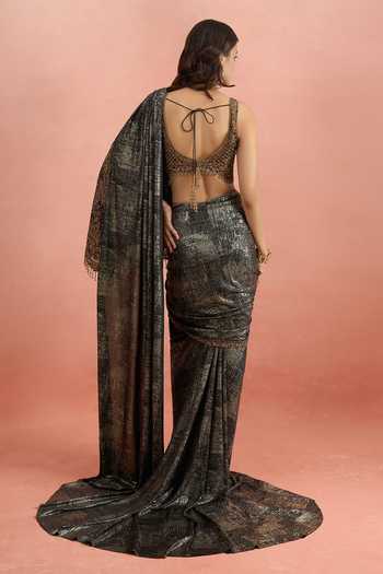 Shop Tarun Tahiliani Black Embroidery, Sequins, Beads, Tassels, Pre-draped Concept Saree With Blouse at Aza Fashions Shop_Tarun Tahiliani_Black Embroidery, Sequins, Beads, Tassels, Pre-draped Concept Saree With Blouse_at_Aza_Fashions
