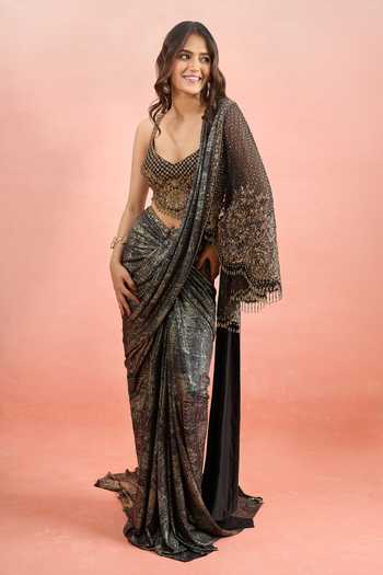 Buy Tarun Tahiliani Black Embroidery, Sequins, Beads, Tassels, Pre-draped Concept Saree With Blouse Online at Aza Fashions Buy_Tarun Tahiliani_Black Embroidery, Sequins, Beads, Tassels, Pre-draped Concept Saree With Blouse_Online_at_Aza_Fashions