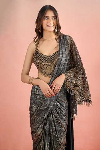 Shop Tarun Tahiliani Black Embroidery, Sequins, Beads, Tassels, Pre-draped Concept Saree With Blouse Online at Aza Fashions Shop_Tarun Tahiliani_Black Embroidery, Sequins, Beads, Tassels, Pre-draped Concept Saree With Blouse_Online_at_Aza_Fashions
