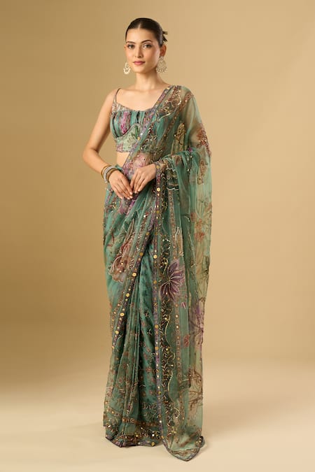 Mahima Mahajan Floral Print Pre-Draped Saree With Blouse 