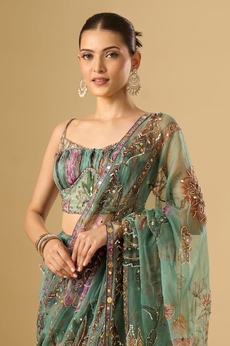 Mahima Mahajan_Green Embroidery, Sequins, Metallic Floral Print Pre-draped Saree With Blouse _Online_at_Aza_Fashions