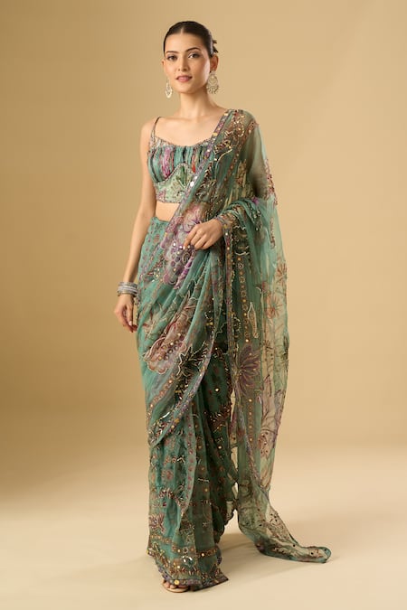 Buy_Mahima Mahajan_Green Embroidery, Sequins, Metallic Floral Print Pre-draped Saree With Blouse _Online_at_Aza_Fashions