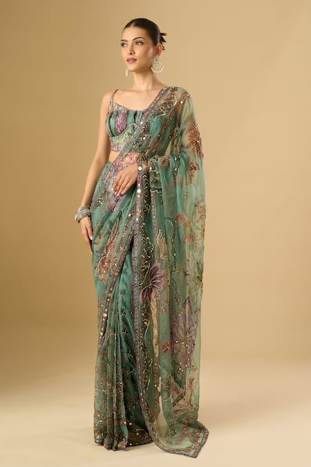 Shop_Mahima Mahajan_Green Embroidery, Sequins, Metallic Floral Print Pre-draped Saree With Blouse _Online_at_Aza_Fashions