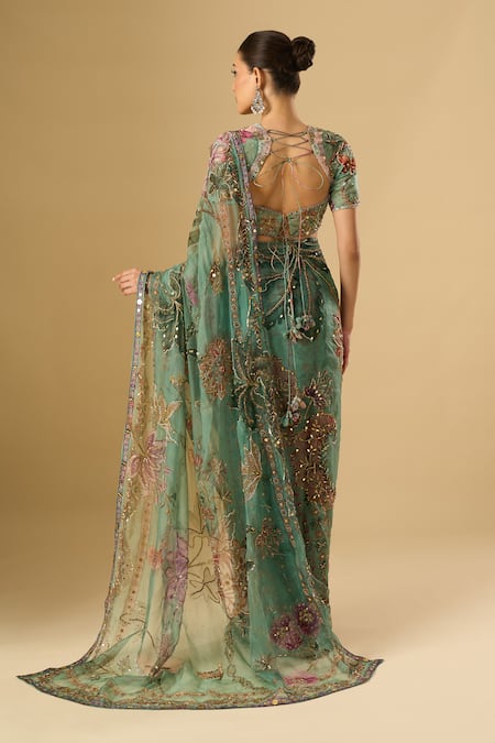 Mahima Mahajan Floral Embroidered Pre-Draped Saree With Blouse 