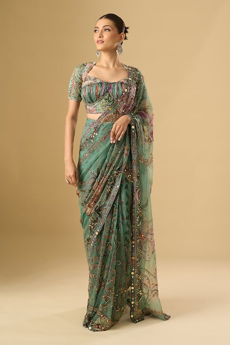 Buy_Mahima Mahajan_Green Embroidery, Sequins, Zari Sweetheart Floral Pre-draped Saree With Blouse _Online_at_Aza_Fashions