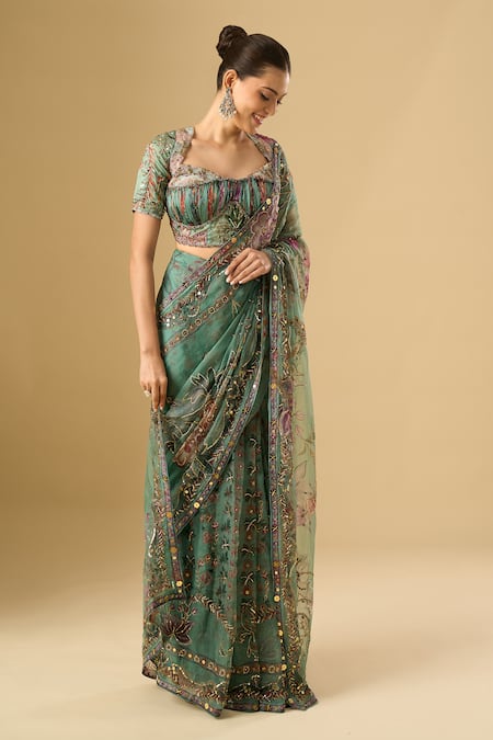 Shop_Mahima Mahajan_Green Embroidery, Sequins, Zari Sweetheart Floral Pre-draped Saree With Blouse _Online_at_Aza_Fashions