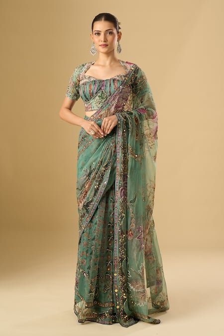 Mahima Mahajan Floral Embroidered Pre-Draped Saree With Blouse 