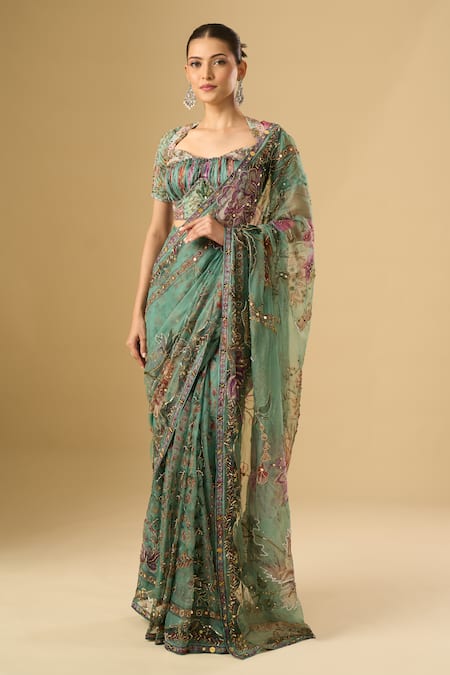 Mahima Mahajan_Green Embroidery, Sequins, Zari Sweetheart Floral Pre-draped Saree With Blouse _at_Aza_Fashions