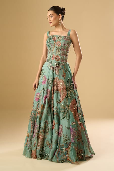 Mahima Mahajan_Green Embroidery, Sequins Square Neck Floral Bloom Printed Lehenga Set _Online_at_Aza_Fashions