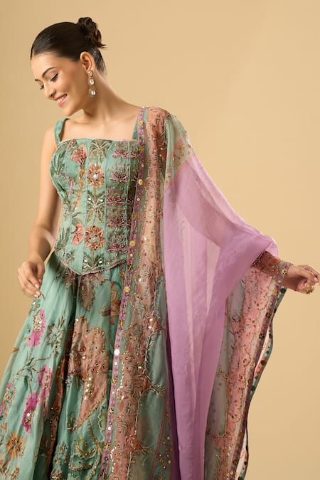 Shop_Mahima Mahajan_Green Embroidery, Sequins Square Neck Floral Bloom Printed Lehenga Set _Online_at_Aza_Fashions