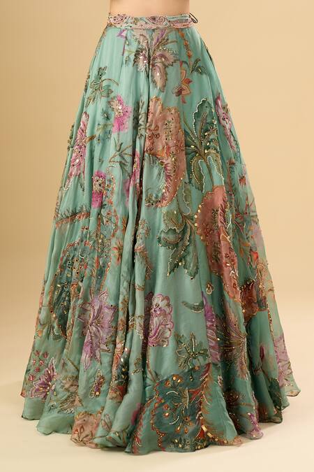 Mahima Mahajan_Green Embroidery, Sequins Square Neck Floral Bloom Printed Lehenga Set _at_Aza_Fashions